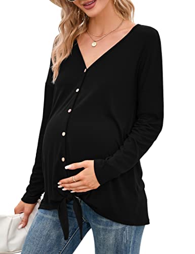 KOJOOIN Damen Stillshirt Schwangerschaftsshirt V-Ausschnitt Umstandsshirt Schwangere Langarm Nursing Tops mit Knöpfen geknotetes Umstandsmode Schwarz L von KOJOOIN