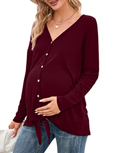 KOJOOIN Damen Stillshirt Schwangerschaftsshirt V-Ausschnitt Umstandsshirt Schwangere Langarm Nursing Tops mit Knöpfen geknotetes Umstandsmode Weinrot L von KOJOOIN