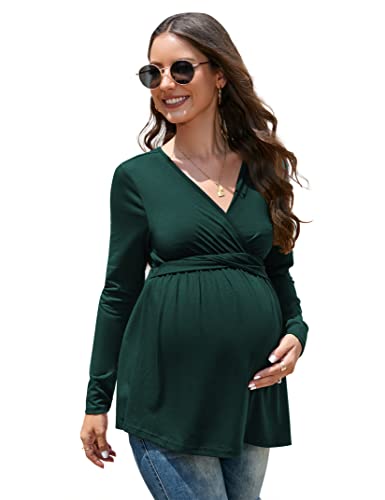 KOJOOIN Damen Stillshirt V-Ausschnitt Schwangerschaftsshirt Umstandsshirt Langarm Nursing Tops mit Gürtel Dunkelgrün(Langarm) XL von KOJOOIN