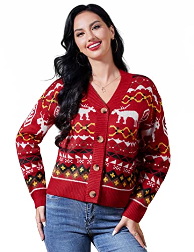 KOJOOIN Damen Strickjacke Kurz Weihnachten Cardigan V-Ausschnitt Langarm Christmas Pullover (Verpackung MEHRWEG) Rehkitz-Rot,L von KOJOOIN