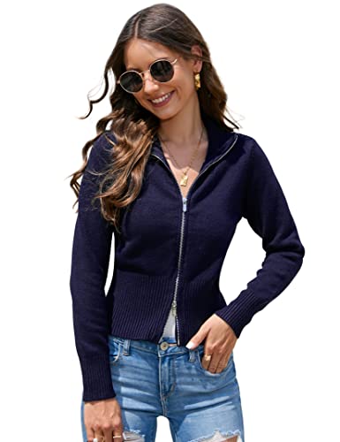 KOJOOIN Damen Strickjacke Strickpullover mit Reißverschluss Revers Gestrickt Cardigan Casual Einfarbiges Oberteil Langarm Rollkragenpullover Dunkelblau L von KOJOOIN