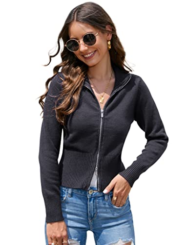 KOJOOIN Damen Strickjacke Strickpullover mit Reißverschluss Revers Gestrickt Cardigan Casual Einfarbiges Oberteil Langarm Rollkragenpullover Dunkelgrau XL von KOJOOIN