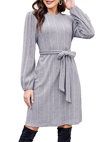 KOJOOIN Damen A Linie Kleid Strickkleider Elegant Pulloverkleid Langarm Rundkragen Winterkleid Minikleid mit Gürtel（Verpackung MEHRWEG）,Hellgrau,L von KOJOOIN