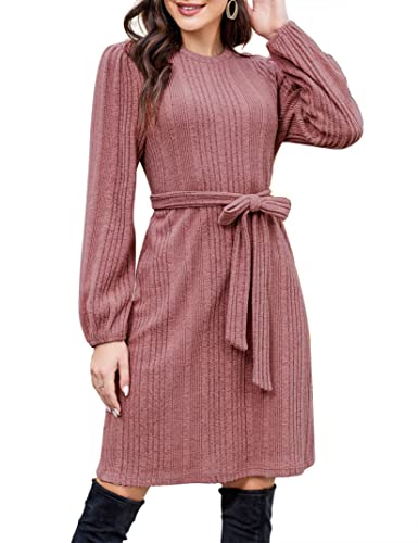 KOJOOIN Damen Strickkleid Elegant Pulloverkleid Langarm Minikleid Rundkragen Winterkleid（Verpackung MEHRWEG）,Rosa,S von KOJOOIN