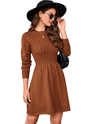 KOJOOIN Damen Strickkleid Pulloverkleid Zopfmuster Langarm Tunika Kleid Strickpullover Minikleid Rundhals Pullikleid Elegant A Linien Freizeitkleid (Verpackung MEHRWEG), A-Braun, L von KOJOOIN