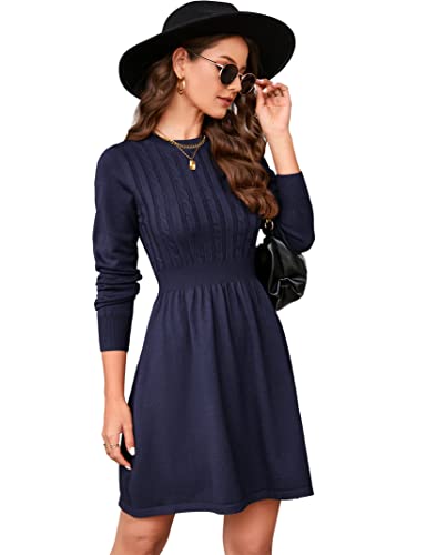 KOJOOIN Damen Strickkleid Pulloverkleid Zopfmuster Langarm Tunika Kleid Strickpullover Minikleid Rundhals Pullikleid Elegant A Linien Freizeitkleid (Verpackung MEHRWEG), A-Dunkelblau, L von KOJOOIN