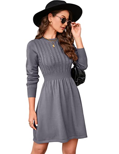 KOJOOIN Damen Strickkleid Pulloverkleid Zopfmuster Langarm Tunika Kleid Strickpullover Minikleid Rundhals Pullikleid Elegant A Linien Freizeitkleid (Verpackung MEHRWEG), A-Dunkelgrau, XXL von KOJOOIN