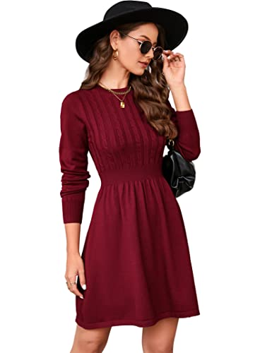 KOJOOIN Damen Strickkleid Pulloverkleid Zopfmuster Langarm Tunika Kleid Strickpullover Minikleid Rundhals Pullikleid Elegant A Linien Freizeitkleid (Verpackung MEHRWEG), A-Weinrot, L von KOJOOIN