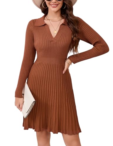 KOJOOIN Damen Strickkleid V Ausschnitt Langarm Pulloverkleid Elegant Tunika Strickpullover Minikleid A-Linie Freizeitkleid Herbst und Winter Karamell S von KOJOOIN