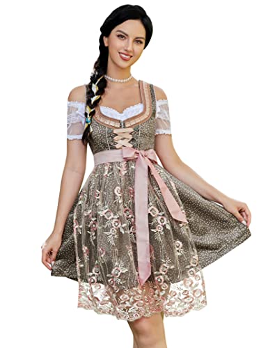 KOJOOIN Damen Trachtenkleid 3tlg.Dirndl Midi Kleid mit 3D Drucken für Oktoberfest-Drei Teilig: Kleid, Bluse, Schürze Rosa 34 von KOJOOIN