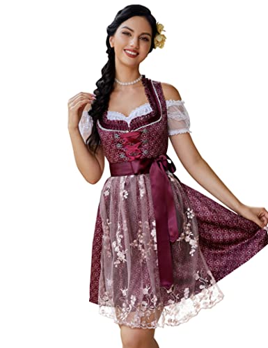 KOJOOIN Damen Trachtenkleid 3tlg.Dirndl Midi Kleid mit 3D Drucken für Oktoberfest-Drei Teilig: Kleid, Bluse, Schürze Rot(3D Drucken) 36 von KOJOOIN