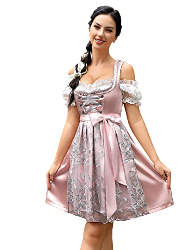 KOJOOIN Damen Trachtenkleid Midi Kurz Dirndl 3tlg. für Oktoberfest Drei Teilig: Dirndlkleid,Bluse,Schürze Rosa 38 von KOJOOIN