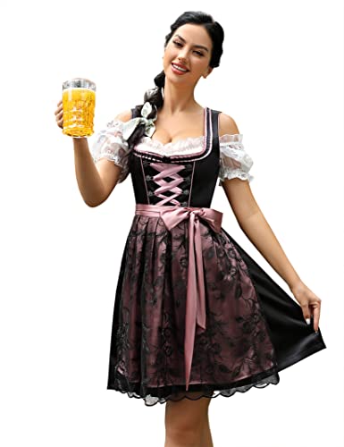 KOJOOIN Damen Trachtenkleid Midi Kurz Dirndl 3tlg. für Oktoberfest Drei Teilig: Dirndlkleid,Bluse,Schürze Schwarz 34 von KOJOOIN