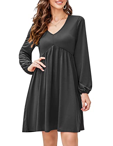 KOJOOIN Damen Tunika Kleid Langarm V-Ausschnitt Swing Kleid Knielang Hohe Taille Midikleid A-Linie Laternenärmel Elegante Freizeitkleid（Verpackung MEHRWEG）, A-Dunkelgrau, S von KOJOOIN