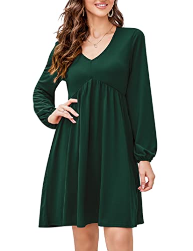 KOJOOIN Damen Tunika Kleid Langarm V-Ausschnitt Swing Kleid Knielang Hohe Taille Midikleid A-Linie Laternenärmel Elegante Freizeitkleid（Verpackung MEHRWEG）, A-Grün, L von KOJOOIN