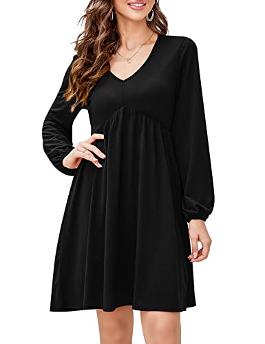 KOJOOIN Damen Tunika Kleid Langarm V-Ausschnitt Swing Kleid Knielang Hohe Taille Midikleid A-Linie Laternenärmel Elegante Freizeitkleid（Verpackung MEHRWEG）, A-Schwarz, L von KOJOOIN