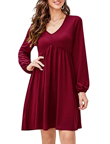 KOJOOIN Damen Tunika Kleid Langarm V-Ausschnitt Swing Kleid Knielang Hohe Taille Midikleid A-Linie Laternenärmel Elegante Freizeitkleid（Verpackung MEHRWEG）, A-Weinrot, L von KOJOOIN