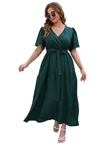 KOJOOIN Damen Übergröße V-Ausschnitt Wickelkleid Flutter Kurzarm Hohe Taille Rüschen Sommer Freizeitkleid mit Gürtel, Grün massiv, 3X-Groß von KOJOOIN