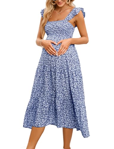 KOJOOIN Damen Umstandskleid, Sommer, ärmellos, gesmokt, quadratischer Ausschnitt, Rüschen, lässig, Boho, Midi-Kleid, Babyparty, Fotoshooting, Blau Floral-1, Mittel von KOJOOIN