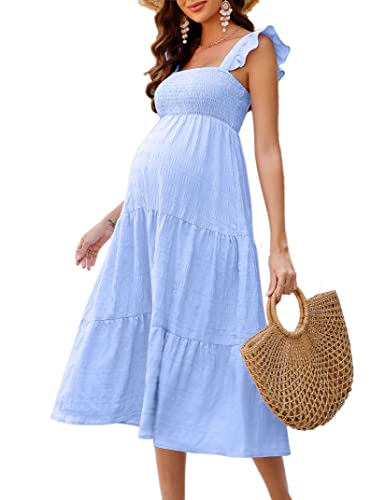 KOJOOIN Damen Umstandskleid, Sommer, ärmellos, gesmokt, quadratischer Ausschnitt, Rüschen, lässig, Boho, Midi-Kleid, Babyparty, Fotoshooting, Hell, blau, Groß von KOJOOIN