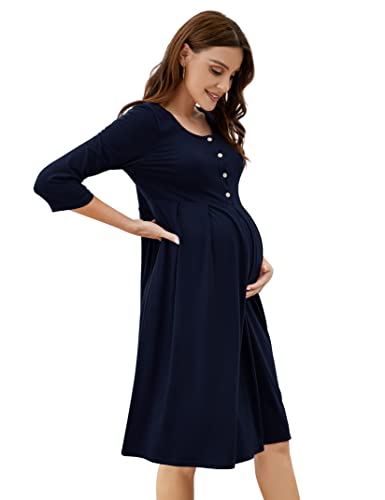 KOJOOIN Damen Umstandskleid Baumwolle Stillkleid Casual Schwangerschafts Kleider für Schwangere Dunkelblau(3/4 Ärmel) S von KOJOOIN