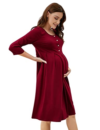 KOJOOIN Damen Umstandskleid Baumwolle Stillkleid Casual Schwangerschafts Kleider für Schwangere Weinrot(3/4 Ärmel) M von KOJOOIN