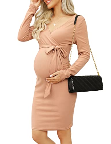 KOJOOIN Damen Umstandskleid Enge Langarm Stillkleid V-Ausschnitt Schwangere Kleider Mutterschaft Schwangerschaft Knielanges Partykleid mit Gürtel (Verpackung MEHRWEG), A-Beige, L von KOJOOIN