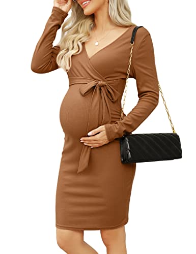 KOJOOIN Damen Umstandskleid Enge Langarm Stillkleid V-Ausschnitt Schwangere Kleider Mutterschaft Schwangerschaft Knielanges Partykleid mit Gürtel (Verpackung MEHRWEG), A-Khaki, L von KOJOOIN