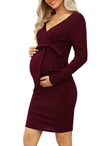 KOJOOIN Damen Umstandskleid Enge Langarm Stillkleid V-Ausschnitt Schwangere Kleider Mutterschaft Schwangerschaft Knielanges Partykleid mit Gürtel (Verpackung MEHRWEG), A-Weinrot, M von KOJOOIN
