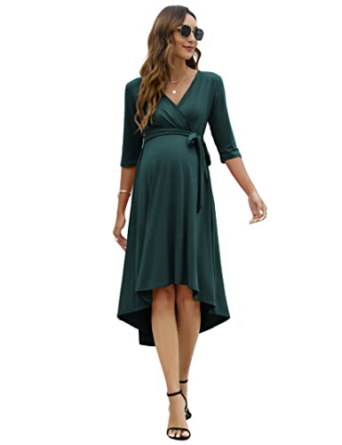 KOJOOIN Damen Umstandskleid Festlich Stillkleid V-Ausschnitt 3/4 Ärmel Schwangerschaftskleid mit Taillengürtel Dunkelgrün L von KOJOOIN