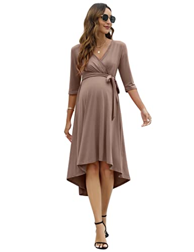 KOJOOIN Damen Umstandskleid Festlich Stillkleid V-Ausschnitt 3/4 Ärmel Schwangerschaftskleid mit Taillengürtel Khaki(3/4 Ärmel) S von KOJOOIN