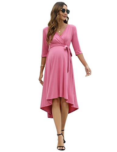 KOJOOIN Damen Umstandskleid Festlich Stillkleid V-Ausschnitt 3/4 Ärmel Schwangerschaftskleid mit Taillengürtel Rosa(3/4 Ärmel) XXL von KOJOOIN
