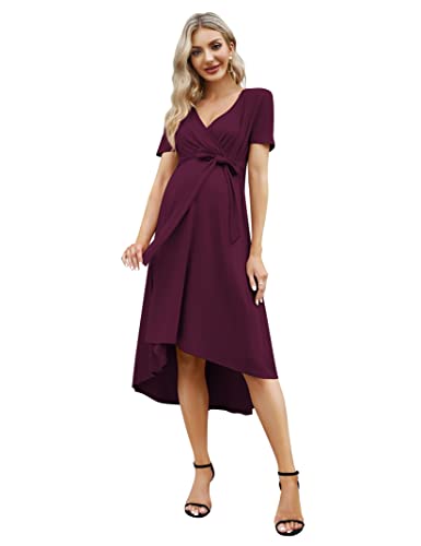 KOJOOIN Damen Umstandskleid Festlich Stillkleid V-Ausschnitt Kurzarm Schwangerschaftskleid mit Taillengürtel Sommer Burgundy(Kurzarm) S von KOJOOIN