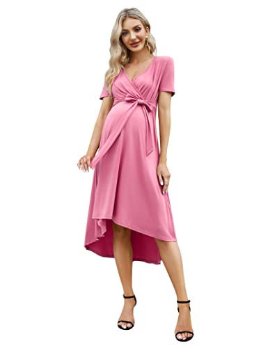 KOJOOIN Damen Umstandskleid Festlich Stillkleid V-Ausschnitt Kurzarm Schwangerschaftskleid mit Taillengürtel Sommer Rosa(Kurzarm) L von KOJOOIN