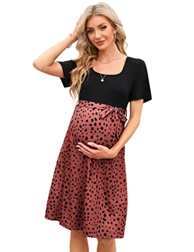 KOJOOIN Damen Umstandskleid Kleider für Schwangere Leopardenmuster Schwangerschafts Kleid für Schwangere quadratischer Kragen Ziegelrot Leopardenmuster S von KOJOOIN