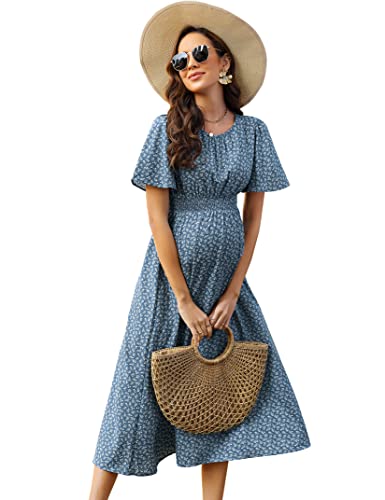 KOJOOIN Damen Umstandskleid Kurzarm Schwangerschafts Bedrucktes Kleid mit Rundhalsausschnitt und Rüschen Blau XXL von KOJOOIN