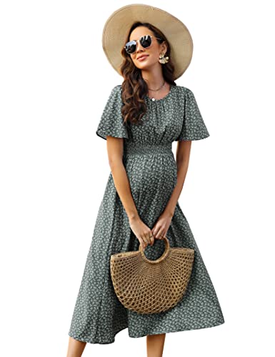 KOJOOIN Damen Umstandskleid Kurzarm Schwangerschafts Bedrucktes Kleid mit Rundhalsausschnitt und Rüschen Grün XL von KOJOOIN