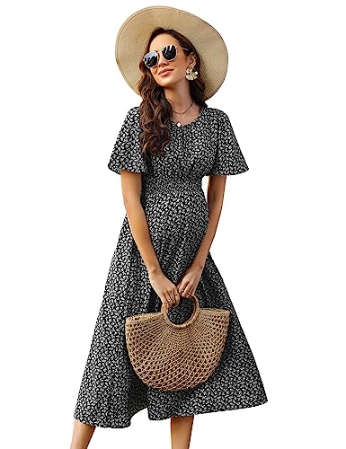 KOJOOIN Damen Umstandskleid Kurzarm Schwangerschafts Bedrucktes Kleid mit Rundhalsausschnitt und Rüschen Schwarz S von KOJOOIN