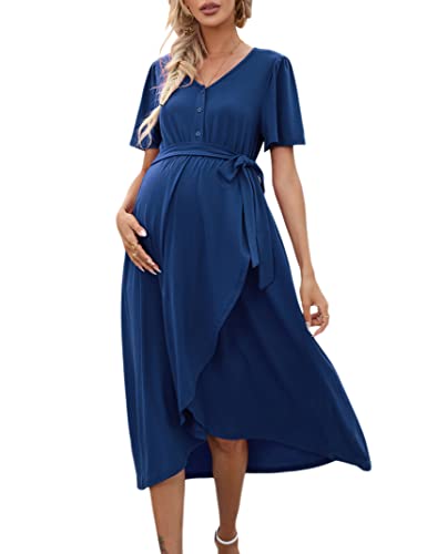 KOJOOIN Damen Umstandskleid Kurzarm Stillkleid Knopfleiste Schwangere Kleider mit Gürtel Schwangerschaftskleid Rundhals Umstandsmode (Verpackung MEHRWEG), A-Dunkelblau, XL von KOJOOIN