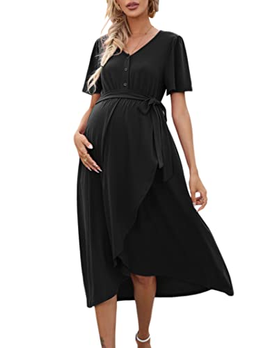 KOJOOIN Damen Umstandskleid Kurzarm Stillkleid Knopfleiste Schwangere Kleider mit Gürtel Schwangerschaftskleid Rundhals Umstandsmode (Verpackung MEHRWEG), A-Schwarz, XL von KOJOOIN