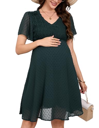 KOJOOIN Damen Umstandskleid Kurzarm V-Ausschnitt Stillkleid Sommer Elegant Swiss Dot Schwangerschaftskleid Schwangere Kleid Dunkelgrün XXL von KOJOOIN