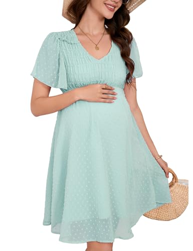KOJOOIN Damen Umstandskleid Kurzarm V-Ausschnitt Stillkleid Sommer Elegant Swiss Dot Schwangerschaftskleid Schwangere Kleid Grün S von KOJOOIN