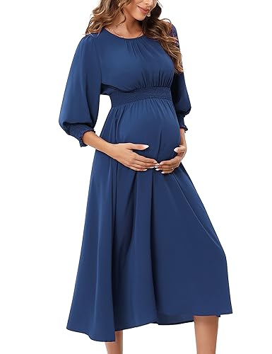 KOJOOIN Damen Umstandskleid Langarm Schwangerschafts Kleid für Schwangere mit Rundhalsausschnitt und Rüschen Dunkelblau-Langarm L von KOJOOIN