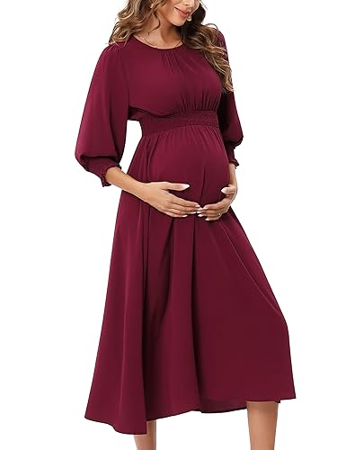 KOJOOIN Damen Umstandskleid Langarm Schwangerschafts Kleid für Schwangere mit Rundhalsausschnitt und Rüschen Rotwein-Langarm M von KOJOOIN
