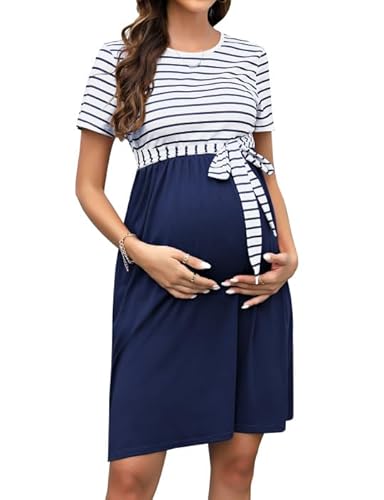 KOJOOIN Damen Umstandskleid Rundhalsausschnitt Gestreiftes Schwangerschaftskleid Kurzarm Casual Umstandstandskleid mit Gürtel Blau(Kurzarm) XL von KOJOOIN