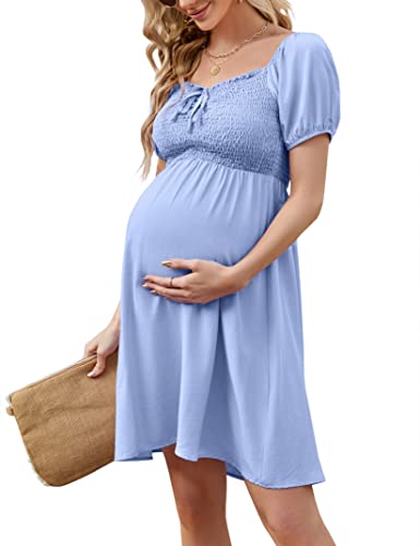 KOJOOIN Damen Umstandskleid Schwangerschafts Kleid aus Chiffon mit Kordelzug und Eckigem Ausschnitt Himmelblau XL von KOJOOIN