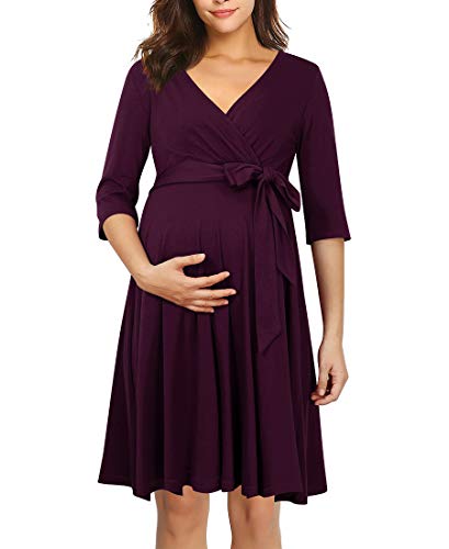 KOJOOIN Damen Umstandskleid Schwangerschafts Kleid für Schwangere Stillkleid V-Ausschnitt Langarm mit Taillengürtel（Verpackung MEHRWEG） Burgundy L von KOJOOIN