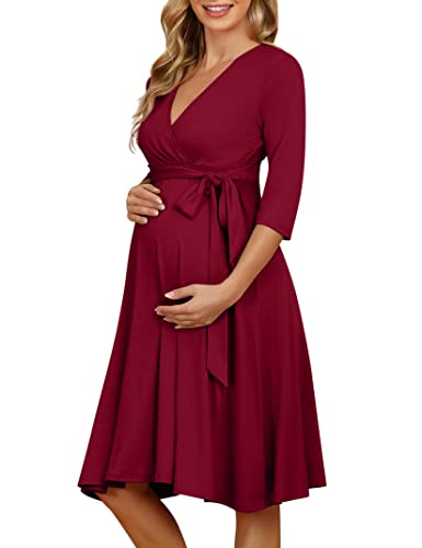 KOJOOIN Damen Umstandskleid Schwangerschafts Kleid für Schwangere Stillkleid V-Ausschnitt Langarm mit Taillengürtel（Verpackung MEHRWEG） Weinrot XXL von KOJOOIN