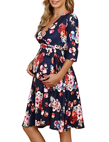 KOJOOIN Damen Umstandskleid Schwangerschafts Kleid für Schwangere Stillkleid V-Ausschnitt Langarm mit Taillengürtel Blumen01 XXL von KOJOOIN