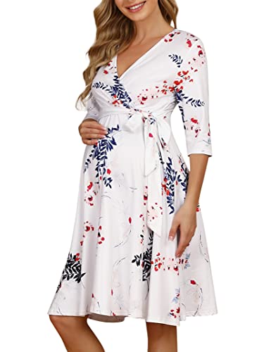 KOJOOIN Damen Umstandskleid Schwangerschafts Kleid für Schwangere Stillkleid V-Ausschnitt Langarm mit Taillengürtel Blumen02 M von KOJOOIN